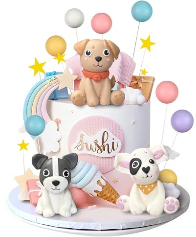 29Pcs Cute Dog Cake Topper With Star Cloud Ball for Birthday Decorations | cute clay dog cake topper with colorful balls, yellow stars and white cloud for paw patrol cute pet birthday party supplies