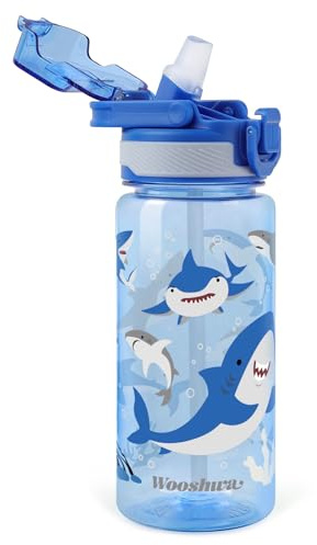 omedecal Trinkflasche Kinder mit Strohhalm Auslaufsicher, Wasserflasche Jungen Mädchen für Sport & Schule, 600ml, BPA-frei, Tragegriff, Spülmaschinenfest - Hai