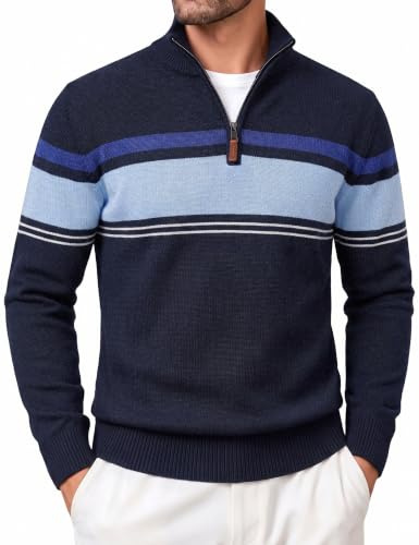 Cavva Pullover Herren Gestreift Strickpullover 1/4 Zip Winterpullover Pulli | Gestreifter Rollkragenpullover aus Baumwolle, Langarm mit 1/4 Zip Stehkragen, Warmer Winterpullover für Herren Strickpullover