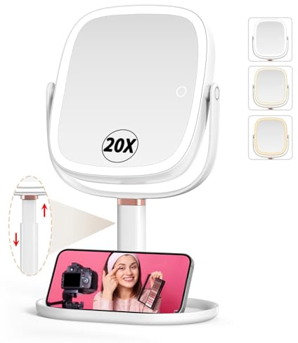 Mocado Makeup Mirror with Light, 360° Rotation 1X/20X Magnifying Makeup Mirror, Rechargeable Double Sided Tabletop Vanity Mirror with Height Adjustable, 3 Color Light, Gifts for Women, 21.4cm(White)