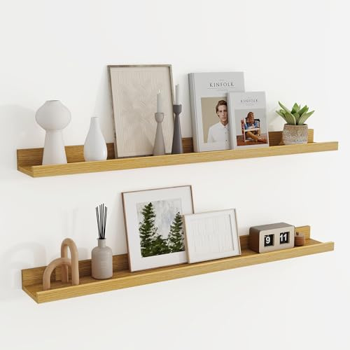 Wandregal Holz 90 cm, Eiche Regal Wand Bilderleiste für Bilderrahmen und Bücher 2er Set, Lang Schweberegal aus MDF Holz, Regalbrett Wandboard für Küche, Wohnzimmer, Schlafzimmer & Arbeitszimmer