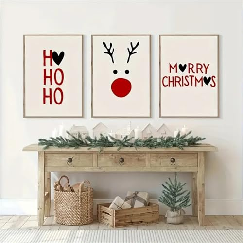Ueiwffzo 3er Poster Set, Weihnachten Deko Poster, Weihnachtsbaum Elch Bilder Wohnzimmer, Weihnachtsbilder Kunstdrucke Wanddeko, Ohne Rahmen (30x40cm)