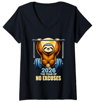 Damen 2026 Lustige Vorsätze Krafttraining Fitness Faultier Hantel T-Shirt mit V-Ausschnitt