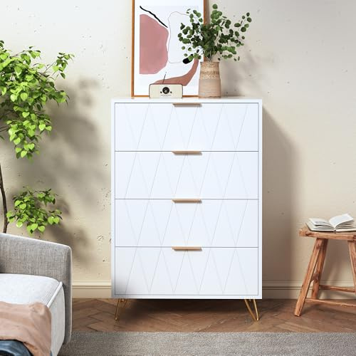 Holtrae Nachttisch mit 4 Schubladen Beistelltisch Modern Schlicht Nachttische Mit Goldene Metall Griffe Und Füße 60x34x90 cm für Schlafzimmer Wohnzimmer Flur (Weiß)