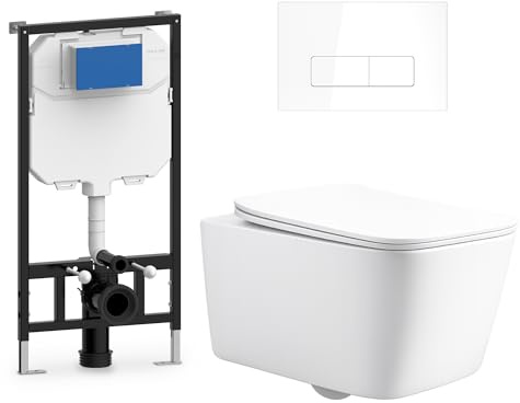 Inodoro Suspendido Completo con Bastidor y Pulsador. WC Colgante | Cierre Suave Soft Close. Sanitarios WC para Baño. Doble Descarga 3/6L. Váter de Porcelana Blanca