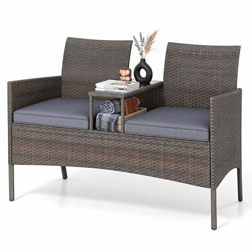 SOARS Panchina da Giardino 2 Posti, Divanetto da Esterno in Rattan con Tavolino in Vetro Temperato Integrato e Cuscini Rimovibili, Salotto da Giardino Esterno per Balcone e Piscina, 124 X 62 X 84 CM