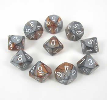 Chessex Dice Sets: Gemini Copper & Steel with White - Ten Sided Die d10 Set (10)