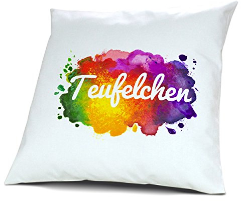 digital print Kopfkissen mit Namen Teufelchen - Motiv Color Paint, 40 cm, 100% Baumwolle, Kuschelkissen, Liebeskissen, Namenskissen, Geschenkidee