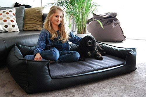 tierlando® Orthopädisches Hundebett Linus Ortho Plus, ergonomisches Design-Hundesofa mit Visco-Plus-Matratze, stilvoller Bezug aus Kunstleder und Handwebstoff, Größe: 130x100cm | Farbe: 03 Schwarz
