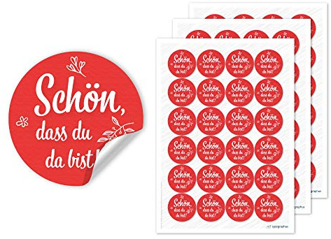Schön dass du da bist Aufkleber rot 4cm Ø mit Zweigen – 72 Stück - Hochzeitsaufkleber Etiketten für Gastgeschenke & Tischdeko