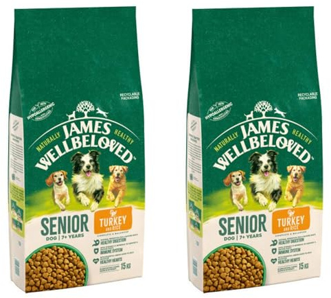 James Wellbeloved Senior Turkey & Rice 2 x 15kg Complete Dry Dog Food Hypo-allergenic No Soya for Elderly Dogs Energy Rich FREE Chicken Stomachs