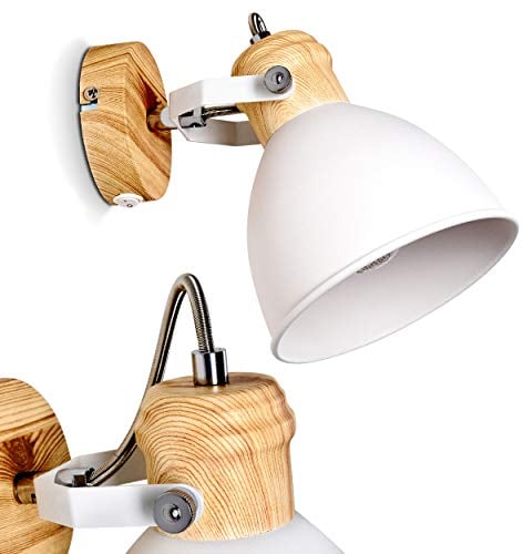 Wandleuchte Banjul, verstellbare Wandlampe aus Metall in Weiß/Holzoptik, 1-flammig, 1 x E27, Retro/Vintage Wandspot mit An-/Ausschalter am Gehäuse, ohne Leuchtmittel