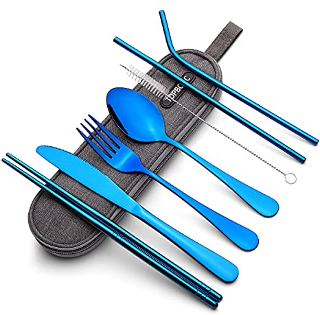 Ensemble de Couverts Portatifs Reutilisables Couteau Fourchette en Acier Inoxydable avec Étui Étanche Bleu