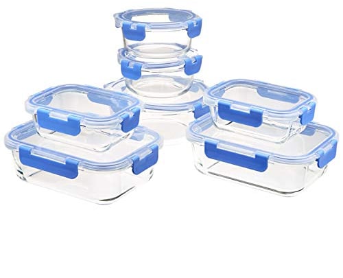 Amazon Basics verrouillables en verre Stockage des aliments, 14 pièces, 7 récipients et 7 couvercles sans BPA, Transparent avec Cercle en Silicone Bleue