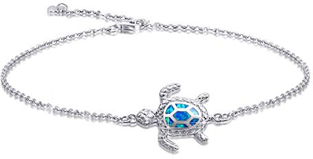 Blau Opal Sea Turtle Knöchel Meeresschildkröte Armband Sterling Silber Fußkettchen Schmuck für Frauen Geschenke 4 Level verstellbare Fußkette (großes Armband)