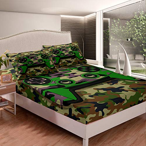 Homemissing Jungen Camo Gamepad Bettlaken Set Game Controller Spannbettlaken 140x200cm Videospiel Gamepad Spannbetttuch Limited Camouflage Gamepad mit 1 Kissenbezug 2St