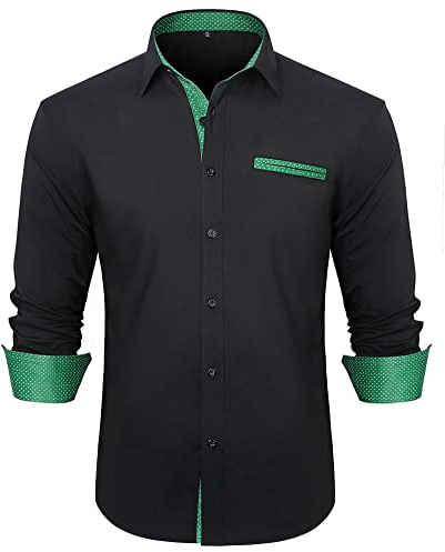 HISDERN Chemise Noire Homme Manche Longue Manches Longues Regular Fit Chemises Hommes Habillées de Marque Business Casual Chemise avec Poche Repassage Facile,Noir et Vert,M