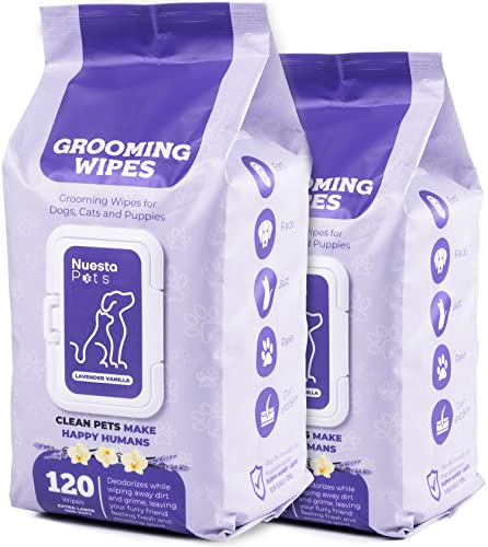 Nuesta Pets Lavender Vanilla Pet Wipes - Deodorizing No Bath Cleaning for Dogs & Puppy Grooming | Ear, Face, Butt, Paw Wet Wipe | Enriched w/Aloe, Chamomile, Oat Amino Acids for Healthier Coat & Skin