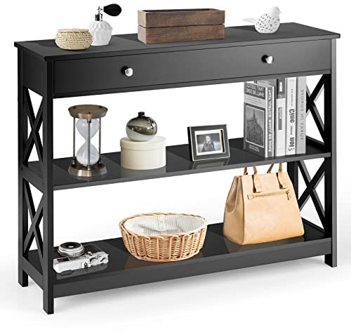 COSTWAY Console Table, X-Shaped Sofa Side End Table with Drawer and 2 Storage Shelves, Wooden Narrow Hall Desk Display Accent Table for Living Room Bedroom Entryway Hallway (Black)