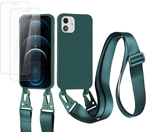 vrupin kompatibel mit iPhone 13 Pro Max Handykette Hülle,[2 Stück Schutzfolie 9H Härte Gehärtete Folie].Necklace Hülle Nylon Schultergurt Weich Flüssiges Silikon-Dunkelgrün