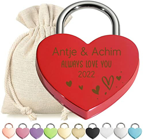 Cadenas en forme de cœur - Gravure personnalisée - Rouge - Motif Always Love You - Avec clé - Sac en tissu - Métal anodisé - Cadeau de Saint-Valentin - Amour