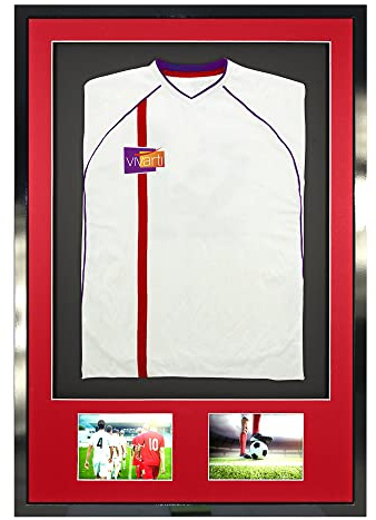 Vivarti DIY Junior 3D Mounted + Double Aperture Sports Shirt Display Frame for Football Shirt, Rugby Shirt, Band T-Shirt Shadow Box - A1 59.4 x 84cm - Gloss Black Frame, Red Mount, Black Backing Card