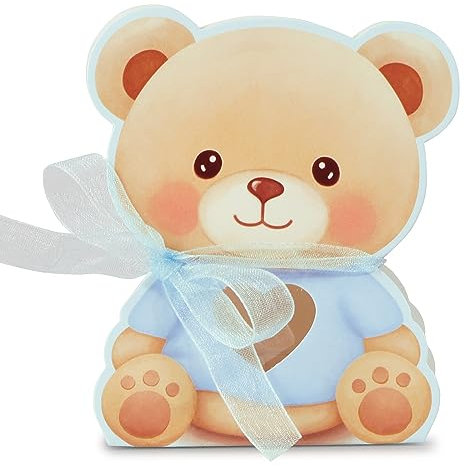 50pz Scatoline Bomboniere Battesimo Bambini Blu Portaconfetti Forma Orsetto Nascita Nastro Scatole Carta Regalo Decorazione Confetti per Festa Battesimo Nascita Compleanno