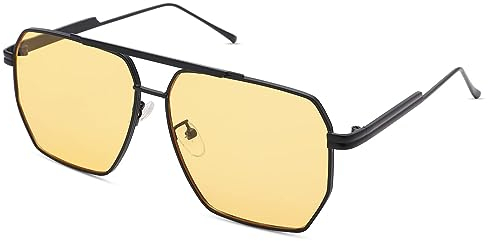 COASION Polarisiert Sonnenbrille für Herren Damen Klassisch Quadratische Pilotenbrille Retro UV400 Schutz Eckig Groß Fliegerbrille (Schwarz Rahmen/Gelb Linse)