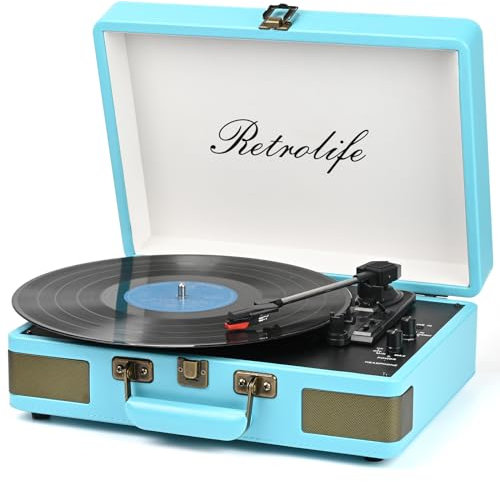 Giradischi 3 Velocità Bluetooth Portatile Valigia Lettore Vinile Con Altoparlanti Integrati Giradischi Audio Migliorato Suono PU Pelle Vintage Blu