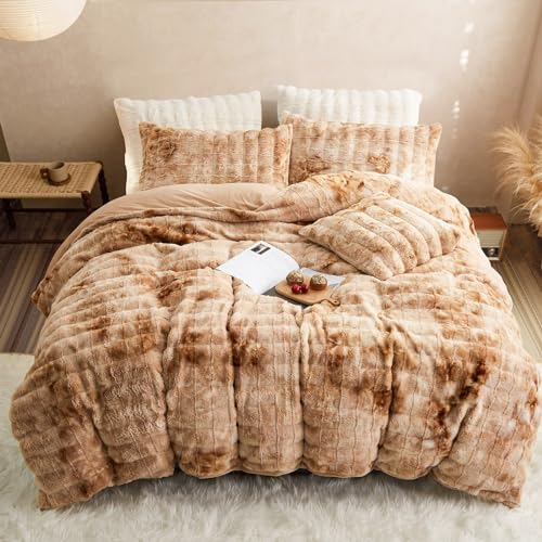 Freyamy Winter Bettwäsche 135x200 4tlg Braun Beige Gestreift,Warm Plüsch Langhaar Flauschig Bettwäsche-Sets,Weich Wendebettwäsche Flanell Winterbettwäsche,Deckenbezug mit Reißverschluss + Kissenbezug
