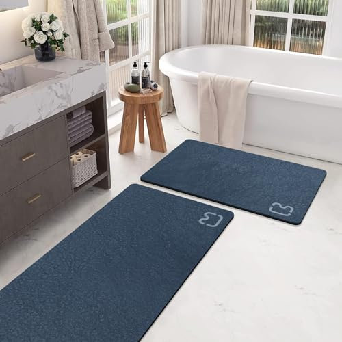 Set di Tappetini da Bagno Blu Navy in Terra di Diatomee - Antiscivolo, Assorbente, Ad Asciugatura Rapida, Sottile - 2 Pezzi per Set da Bagno 40 x 60 cm + 30