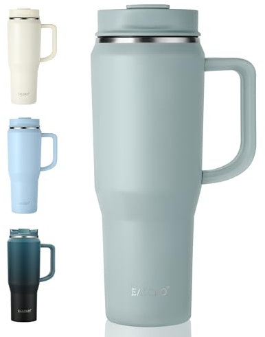 EALGRO Vaso de 40 onzas con asa, vasos aislados con tapa y popote, botella de agua deportiva grande de metal, taza térmica de acero inoxidable, taza de café de viaje, color verde salvia