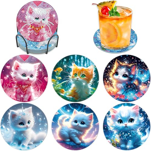 Lxmsja 6 STK Diamond Painting Untersetzer mit Halter, Diamond Art Untersetzer Katze, Diamant Painting Bilder Erwachsene Kinder, Diamant Tassenuntersetzer mit Kork, Basteln Erwachsene Frauen