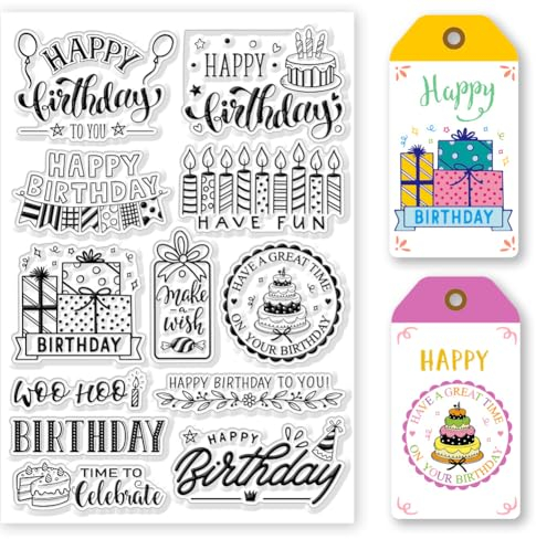 GLOBLELAND Transparente Stempel „Happy Birthday“ Für DIY Scrapbooking, Geburtstagswünsche, Grüße, Silikon Stempelsiegel, Transparente Stempel Für Karten, Fotoalbum, Tagebuch, 8.27×5.83Zoll
