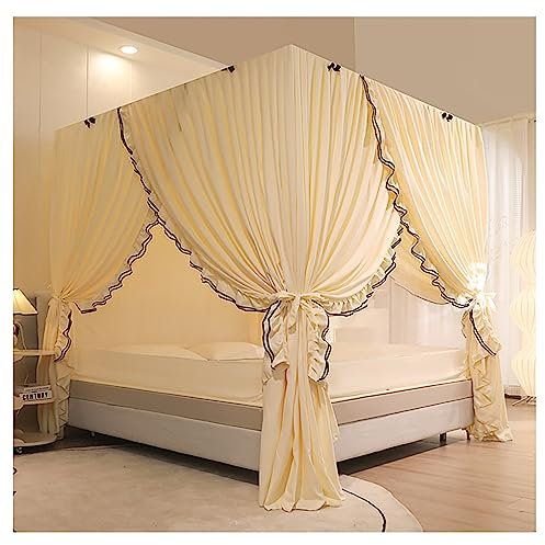 Prinzessinnen-Bettnetz-Baldachin für Moskitonetz, Bettrahmen, Vorhanghalterungen, 4 Ecken, Pfosten, Bettvorhang, Baldachin für Schlafzimmer-Dekoration, Gelb, Queen