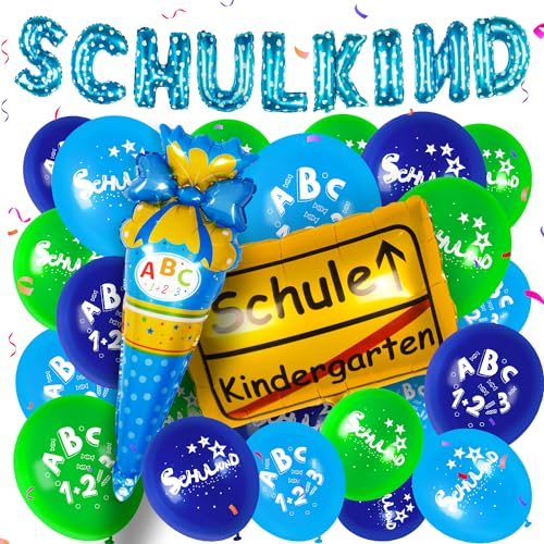 Einschulung Schuleinführung Schulanfang Deko Set für Junge,Blau Einschulung Deko SCHULKIND Blau Banner + Zuckertüte Luftballons ABC 123 + Schulanfang Folienballon Schulkind Einschulung deko für Junge