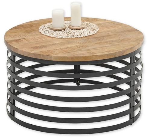 MARLY Couchtisch Massivholz Mango rund - Außergewöhnlicher Sofatisch mit schwarzem Metallgestell - 80 x 40 x 80 cm (B/H/T)