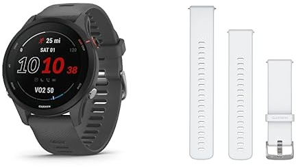 Garmin Forerunner 255 Easy to Use Lightweight GPS Running Smartwatch, Up to 14 Days Battery Life, Slate Grey & GARMIN Acc, Venu 3, 20mm Band, Whitestone + Passivated