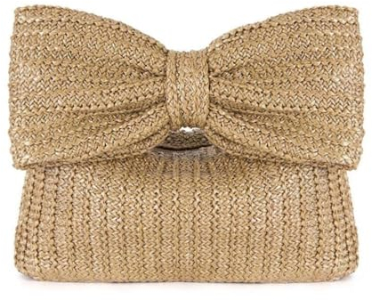 Lebartm Stroh Schleife Clutch für Damen Abendtasche Handtaschen Woven Sommer Strand Tote Bag für Strand Party Urlaub Hochzeit-Khaki