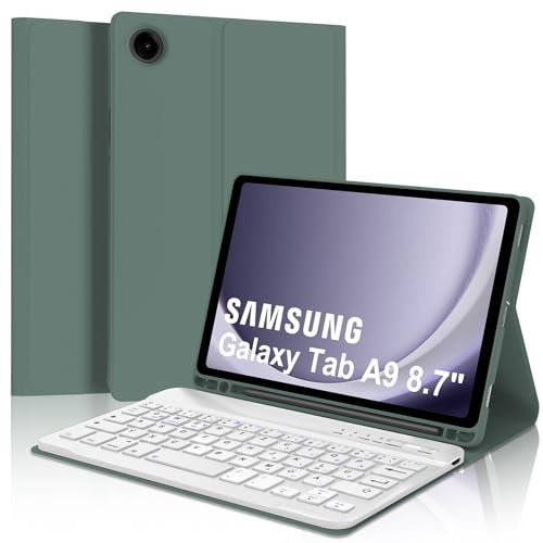 IVEOPPE Hülle mit Tastatur für Samsung Galaxy Tab A9 8.7, Tastatur für Samsung Tablet A9 2023, Magnetisch Abnehmbarer QWERTZ Keyboard Galaxy Tab A9 8.7 Zoll (SM-X110/X115/X117), Dunkelgrün