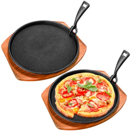Mimorou Fajita-Teller-Set aus Gusseisen, 24 cm, Steakteller, brutzelnde Pfanne mit Holzboden und Greifer, für Zuhause, Restaurant, Küche, Catering, Kochen zum Grillen von Fleisch, Meeresfrüchten, 2