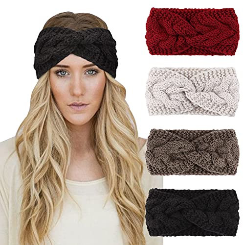DRESHOW 4 Stück Damen Gestrickt Stirnband Winter Strick Breite Kopfband Elastische Haarband Stirnband Häkelarbeit Ohr Wärmer Damen