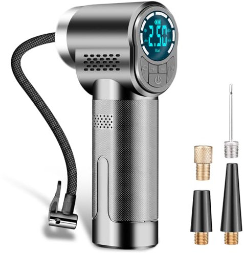 Cordless Tyre Inflator Air Compressor, Portable Rechargeable Battery 150PSI Portable Car Tyre Pump, 12V USB Electric Digital Tyre Pump with LED Light and 3 Nozzle Adaptors for Car, Bike, Motorbike