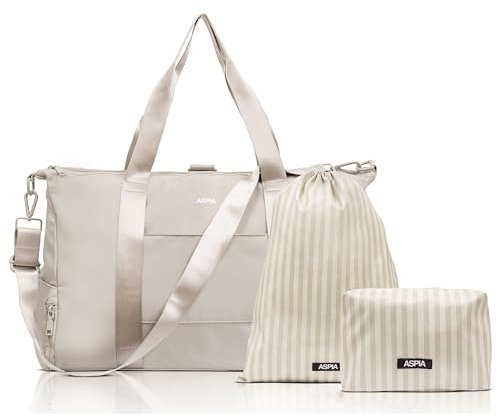 Gym Bag for Women, 3-in-1 Duffle with Laptop & Yoga Mat Space, Travel Bag with Shoe Compartment, Luggage Sleeve & Toiletries Pouch, Lightweight Weekender Carry On, Water Resistant, Light Taupe, 17.7 x