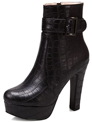 Renessmi Tacco a Blocco Punta Rotonda Donna Stivaletti con Cerniera Moda Fibbia Super Tacco Alto Plateau Stivali da Equitazione Footwear Nero Numero 34 EU
