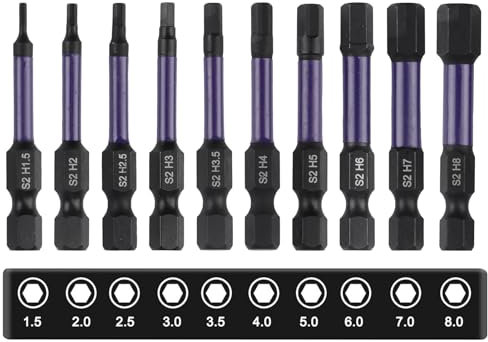 Hex Allen Key Drill Bit Set Magnetic Impact Screwdriver Driver S2 Steel Metric Hex Head 10pcs Allen Wrench H1.5-H8 1/4” Shank CNC Machined Tips with Magnetism 2” Long Bits Set