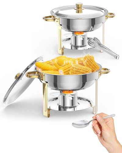 Chafing Dish for Buffet 2 Pack, 5QT Round Chafing Dishes Buffet Set w/Lid Holder, Stainless Steel Chafers and Food Warmers with Spoon and Tweezers for Parties, Weddings, Events, Banquet, Gold