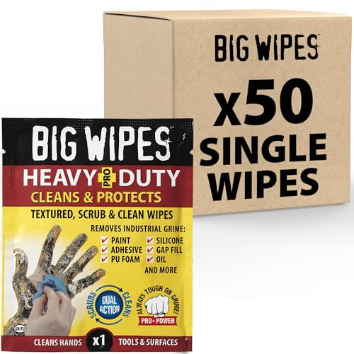 Big Wipes Heavy Duty Pro+ Hand Wipes x50 Single Sachets, Textured Dual-Sided with Skincare. Ultra Efficient on Grime. Heavy Duty & Industrial Cleaning Products for Tradespeople