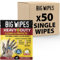 Big Wipes Heavy Duty Pro+ Hand Wipes x50 Single Sachets, Textured Dual-Sided with Skincare. Ultra Efficient on Grime. Heavy Duty & Industrial Cleaning Products for Tradespeople