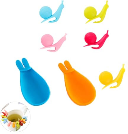 UtySty 7 Pack Tea Bag String Holder Hanger Clip Snail Shape Trinket Silicone Drink Marker with Bunny Ear Mixing Spoon Rest for Mug Cup Glasses Wine Glass Coffee Teabag Tags Tea Drinker Gift